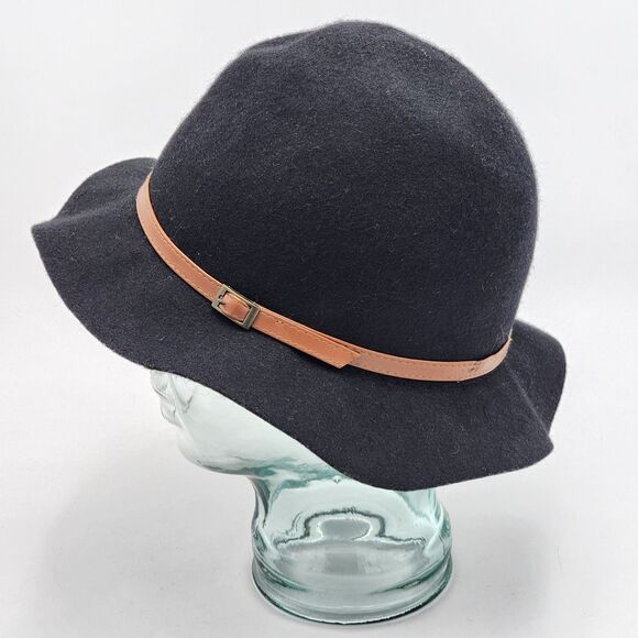 Vintage Wool Black Tan Belt Buckle Cloche Brim Hat - Picture 3 of 8